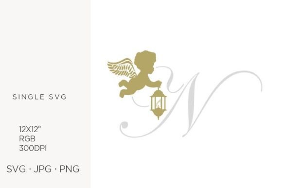 Golden Baby Angel with Lantern, Letter N