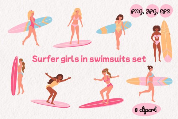 Surfer Girls in Swimsuits Set: Elevating Summer Design with Hand-Drawn Charm