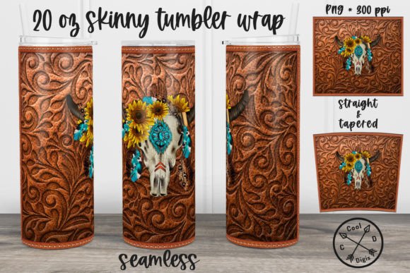 Tooled Leather Bull Skull Tumbler Wrap: A Digital Design for Western-Inspired Creativity