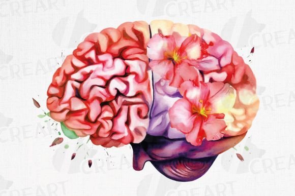 Watercolour Human Brain with Hibiscus: Blending Science and Art for Creative Design